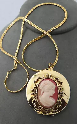 Vintage Cameo Style Locket Pendant Necklace Ornate Repousse Frame 19  Long Chain • $9.99