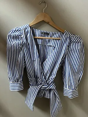 $15 • Buy ZARA S Blue And White Stripe Puff 3/4 Sleeve Cotton Blouse