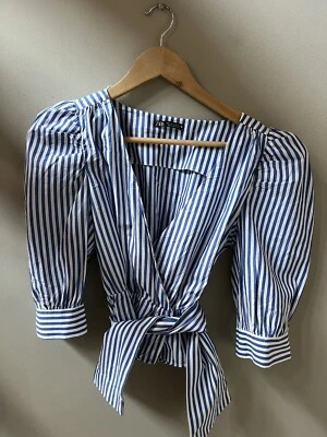 $15 • Buy ZARA S Blue And White Stripe Puff 3/4 Sleeve Cotton Blouse