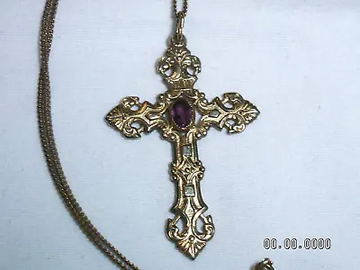 ...Vintage Rodell 12K Gold FilledAmethyst Glass Fancy CROSS Pendant Necklace... • $39.97