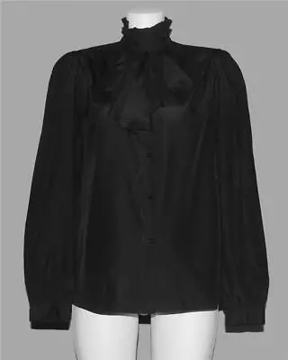 VTG LA BLOUSE Black Ruffle Neck Attached Pleated Bib Secretary Blouse Wm's 14 • $24.99