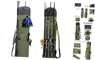  Durable Canvas Fishing Rod & Reel Organizer Bag Travel Carry Case Khaki Green • $48.86
