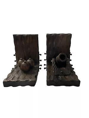 Vintage Wood Cannon And Balls Bookends Gothic Revival Medieval Military Pirates • $35