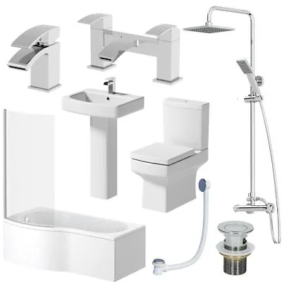 Complete Bathroom Suite LH/RH 1700 P Shape Bath Basin Pedestal Toilet Tap Shower • £599