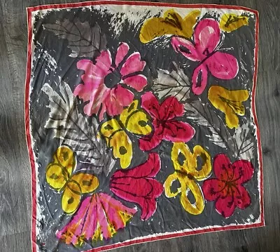 Vera Neumann Silk Scarf Large Floral Pink Yellow   Grey 1990 29” Square • $17.99