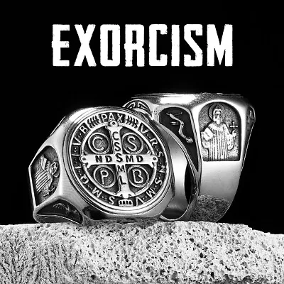 Vintage Catholic Saint Benedict Exorcism Cross Amulet Mens Stainless Steel Ring • $12.99