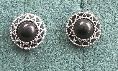  JET SET  Black Stone Silver Tone Clip Earrings - Sarah Coventry Jewelry - Vtg • $9