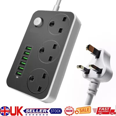 UK Extension Lead Cable Electric Mains Power 3 Gang Way 6 USB Ports Plug Socket • £11.59