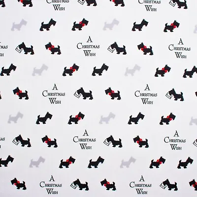 Scottie Dogs Christmas Cotton Fabric - White - WINTER SALE • $8.89