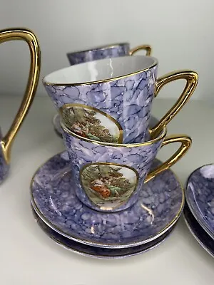 Limoges France Vintage Tea Set With Teapot 15pcs Gold Blue Purple Top Condition • £65