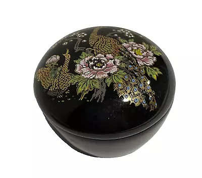 Vintage Asahi Japan Porcelain Trinket Box Peacock Floral Design Black Porcelain • $19.88