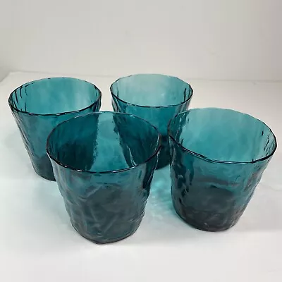 Set Of 4 Vtg Beautiful Blue Textured Glasses Made In Italy SItalian 3.5”x3.5”MCM • $29.95