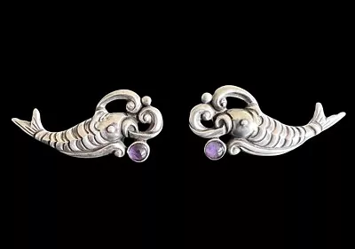 Margot De Taxco Mexico Sterling Silver Amethyst Koi Fish Earrings No. 5207 • $495