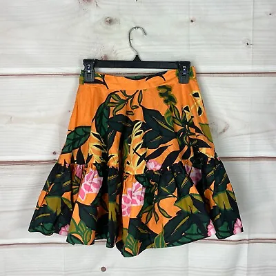 H&M Skirt Womens 2 Orange Floral Swing Full Mini Cotton Pockets High Waist • $14.99