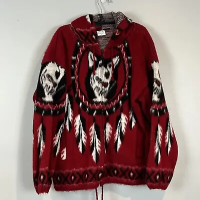 Yari Artesanias Mens Small Wolf Husky Dream Catcher Red Wool Hoodie Full Zip • $39.95