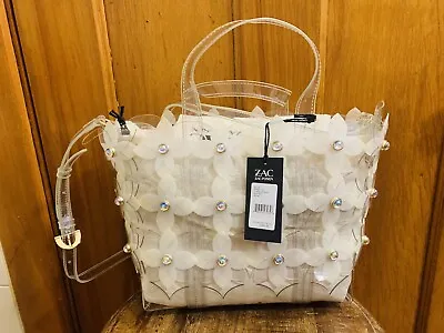 Zac Posen Appliqué Floral Bouquet Shopper Bag Clear Linen NWT $350.00 • $149.99