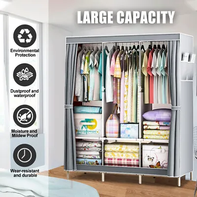 $48.99 • Buy Large Portable Wardrobe Clothes Storage Organizer With 3 Hanging Rails & Shelves