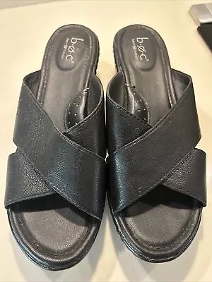 BOC BORN Women's Black Leather Wedge Platform Sandals Sz 8M • $24