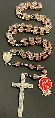 Vintage Catholic Sterling Silver & Pink Crystal 5 Decade Rosary Tag • $59.99