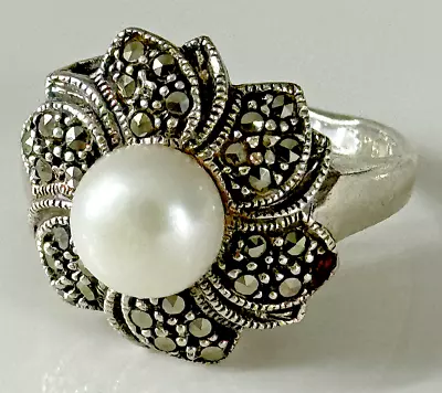 925 Sterling Silver Pearl And Marcasites Ring Size 8 • $32