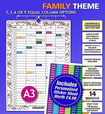 A3 Personalised Family Calendar Organiser 2 3 4 5 Column / People 2024 2025 2026 • £19.95