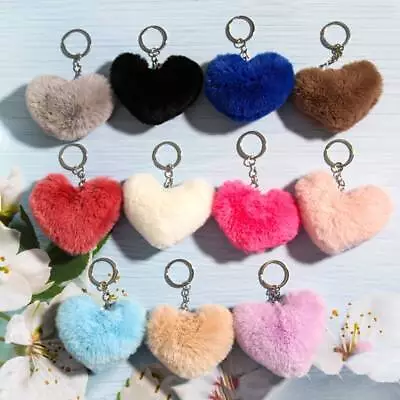 Heart Shape Keychain Faux Rabbit Fur Hand Bag Key Ring Pompom Fluffy And Big • £4.09