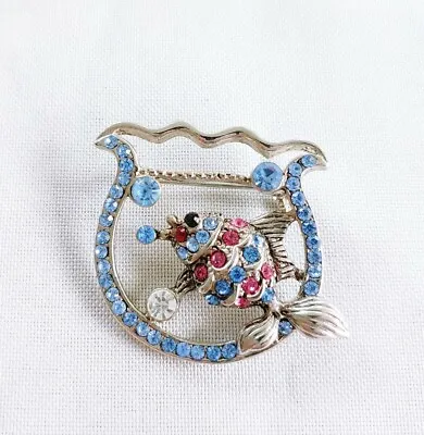 Vintage Brooch Pin Fish Bowl Jeweled Goldfish  Pink Blue Rhinestones Silver • $6.49