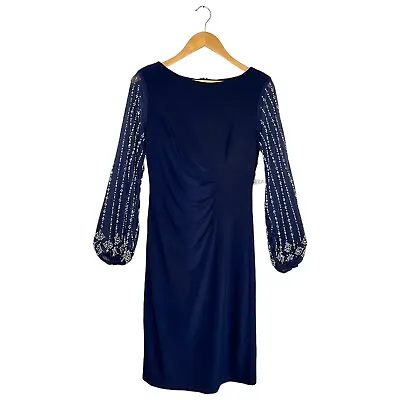 New Marina Round Neck Beaded Lace Long Sleeve Side Drape Sheath Dress 6 • $99.99