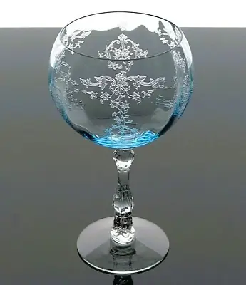 FOSTORIA Magnum ~ Navarre Etched ~ Elegant Azure Blue Crystal Balloon Wine Stem • $198.44