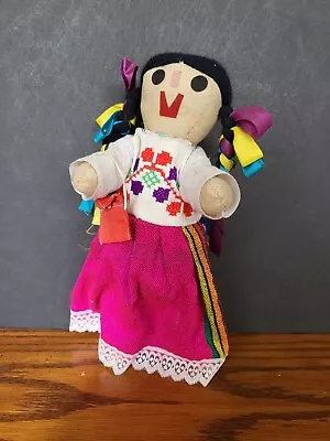 Vintage Traditional Mexican Rag Doll Hand Embroidered Dress 10   Tall • $12.99
