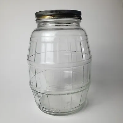 Vintage Duraglass Thick Glass Barrel General Store Pickle Jar & Lid 7-3/4  TALL • $33.20