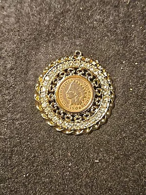 VTG 1908 Indian Head Penny Coin Necklace Rhinestone Encircled Goldtone Pendant. • $5