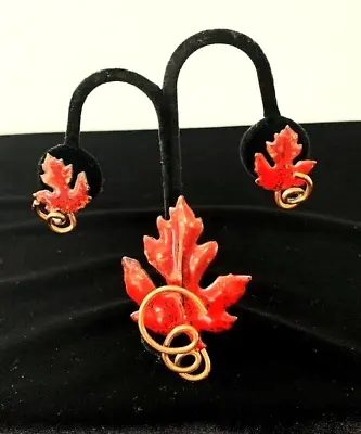 VTG Signed MATISSE RENOIR RED Enameled Copper MAPLE LEAF Pin Brooch Earrings Set • $74.95