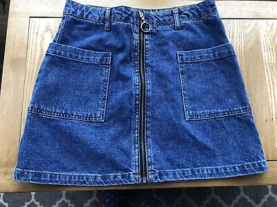 Topshop Blue Denim Skirt UK 10 Zip Front Short A-Line • £4