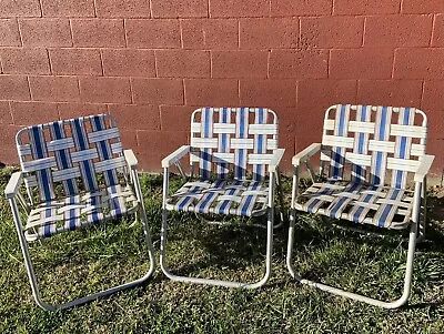 Vintage 3 Aluminum Folding Lawn Patio Outdoor Chairs Webbed Straps Lot Retro • $95