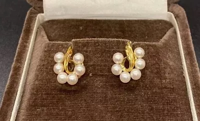 Mikimoto Pearl Cluster Earrings Pierced K18 Yellow Gold W/Original Case And Box. • $624