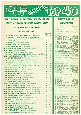 2UE Music Chart Top 40 Australia 31 January 1964 Beatles I Want T Hold Your Hand • $7.90