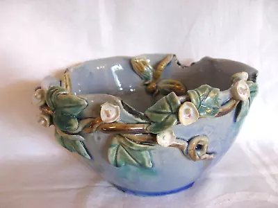 Majolica Bowl With Vines Leaves Flowers And Dragon Flies • $14.95