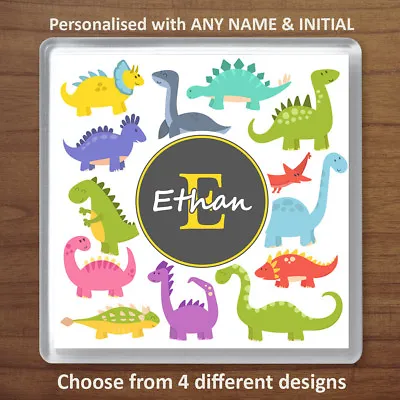 Children's Personalised Cute Dinosaur Drinks Coasters Cup Mat Gift ANY NAME • £3.99