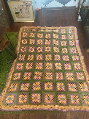 Vtg. Granny Square Afghan Crochet Crib Blanket Throw Handmade 54x43 Multi • $40