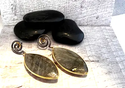 925 Sterling Silver Dangle Earrings Large Labradorite Gold Black Over Silver NOS • $56