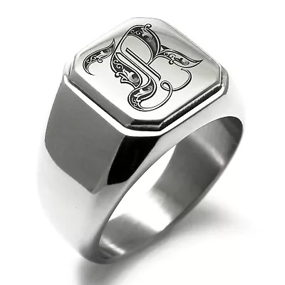 Stainless Steel Monogram Royal Initial R Mens Square Biker Style Signet Ring • $15