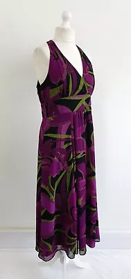 J Taylor Maxi Dress Size 16 Purple Green Black Floral Print Occasion Floaty • £20