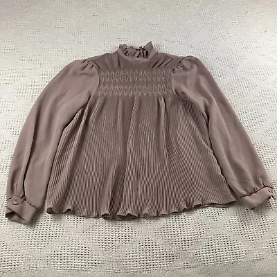 Ruffled Smocked Blouse Mock Neck Taupe John's Girl Collectibles Size 10 Vintage • $22.28