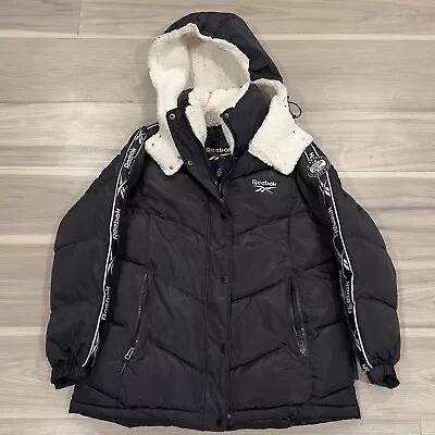 Reebok Primaloft Insulated Puffer Jacket Womens Large Chest 21 Black Sherpa Hood • $28