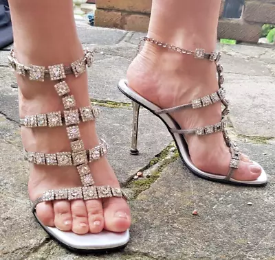 Unze By Shalimar Shoes Rhinestones Sandals Shoes Heels Silver Stiletto Size 4 • £13.99