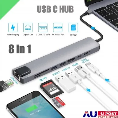 8in1 Hub USB-C To Type-C USB 3.0 4K HDMI RJ45 Ethernet SD TF OTG PD Port Adapter • $23.74
