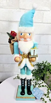 Coastal Santa Claus Nutcracker 15  Teal Aqua Blue Christmas Wooden Glitter NEW • $23.19