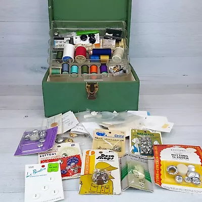 Vintage Green 10 X 8  Sewing Box Filled W/ Notions Buttons Thread Snaps Gadgets • $49.99