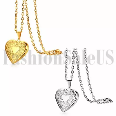 Men's Womens Stainless Steel Heart Locket Photo Pendant Mom Lovers Necklace Gift • $9.99